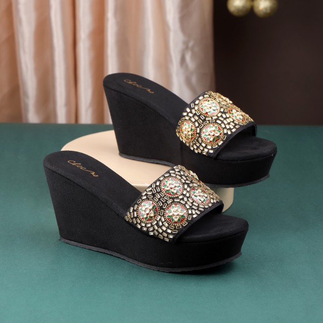 Cheemo Women Black Ethnic Slip Ons (SKU: 92-257-11-37)