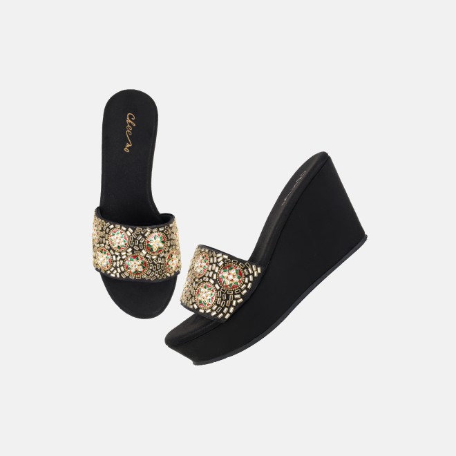 Cheemo Women Black Ethnic Slip Ons (SKU: 92-257-11-37)