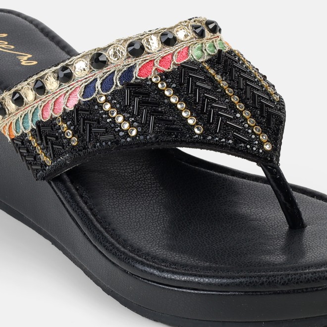 Cheemo Women Black Ethnic Slip Ons (SKU: 92-280-11-37)