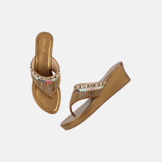 Cheemo Women Antic-gold Ethnic Slip Ons (SKU: 92-280-28-37)