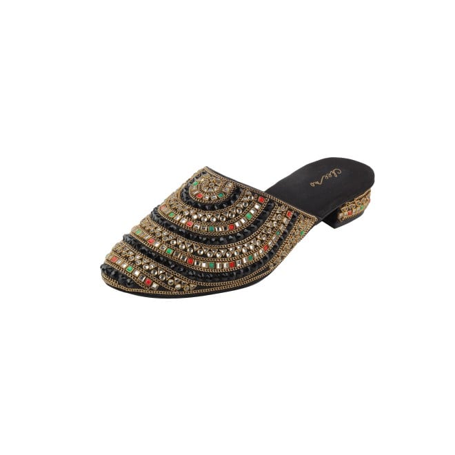 Cheemo Women Black Ethnic Slip Ons (SKU: 92-281-11-37)