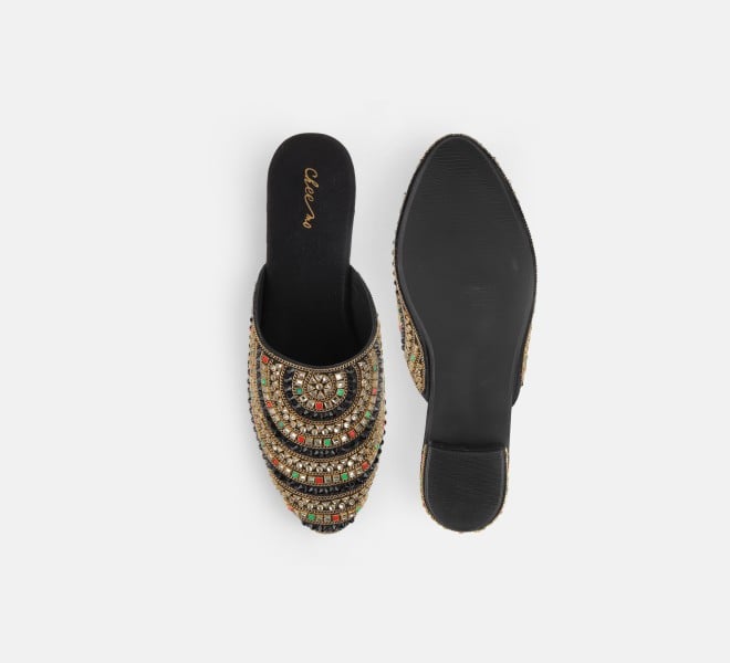 Cheemo Women Black Ethnic Slip Ons (SKU: 92-281-11-37)