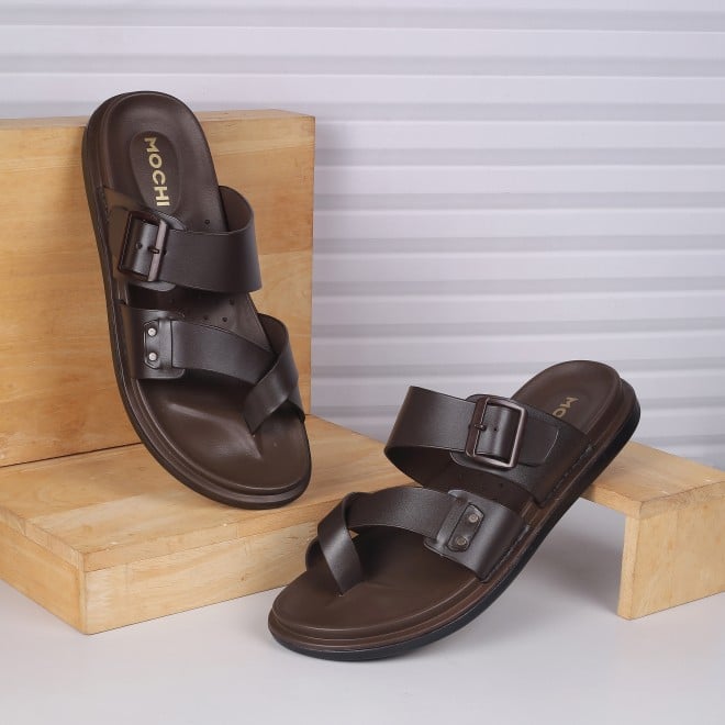 Mochi Men Brown Casual Slippers