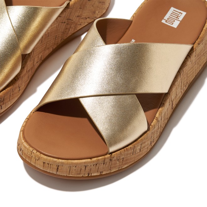 Fitflop Metallic Leather/Cork Flatform Cross Slides (SKU: 228-332-51-6)