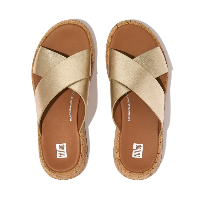 Fitflop Metallic Leather/Cork Flatform Cross Slides (SKU: 228-332-51-6)