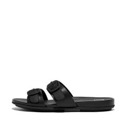 Gracie Rubber-Buckle Two-Bar Leather Slides