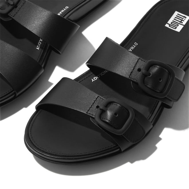 Fitflop Gracie Rubber-Buckle Two-Bar Leather Slides (SKU: 228-342-11-5)