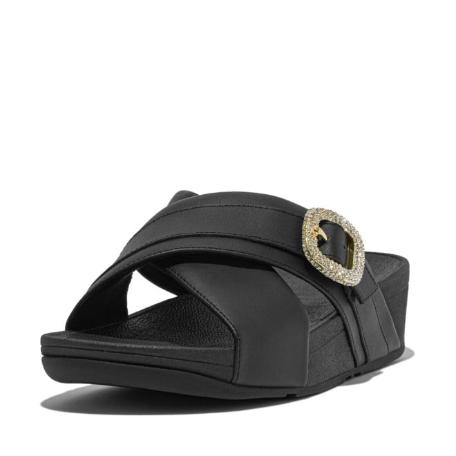 Fitflop Lulu Crystal-Buckle Leather Cross Slides (SKU: 228-399-11-3)
