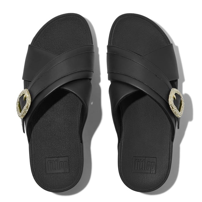 Fitflop Lulu Crystal-Buckle Leather Cross Slides (SKU: 228-399-11-3)