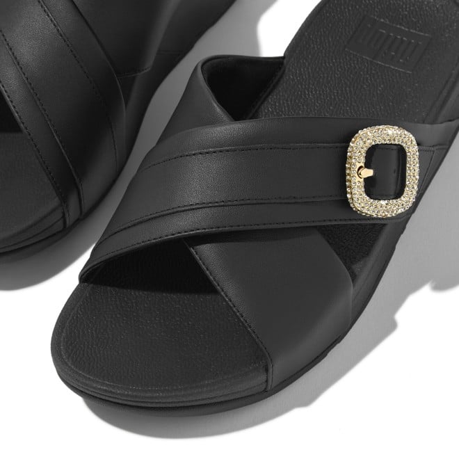 Fitflop Lulu Crystal-Buckle Leather Cross Slides (SKU: 228-399-11-3)