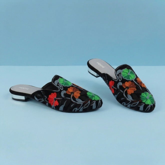 Mochi Women Black Ethnic Slip Ons