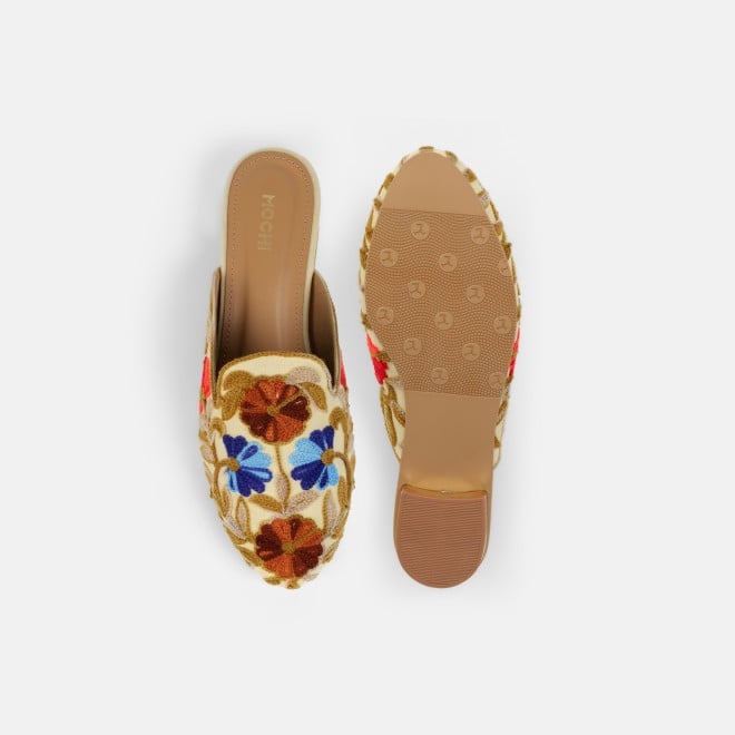 Mochi Women Beige Ethnic Slip Ons (SKU: 31-1337-20-36)