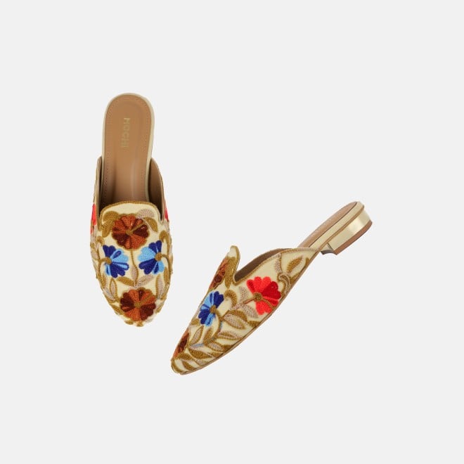 Mochi Women Beige Ethnic Slip Ons (SKU: 31-1337-20-36)