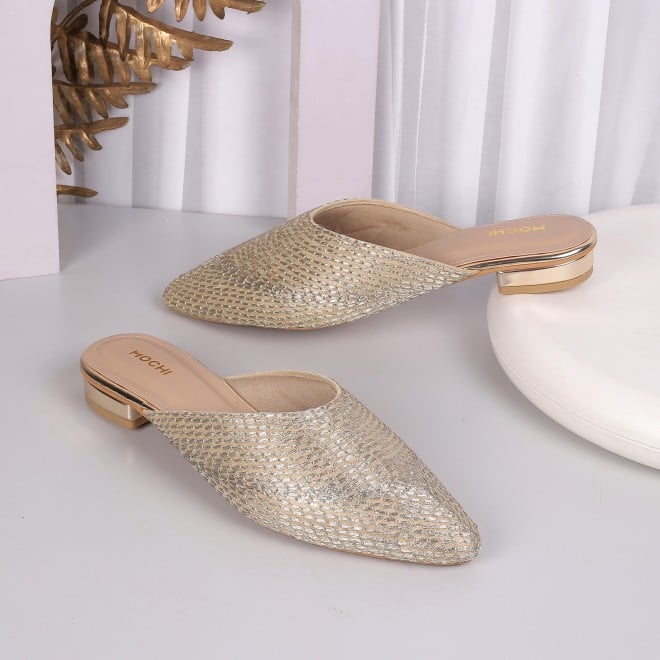 Mochi Women Gold Ethnic Slip Ons