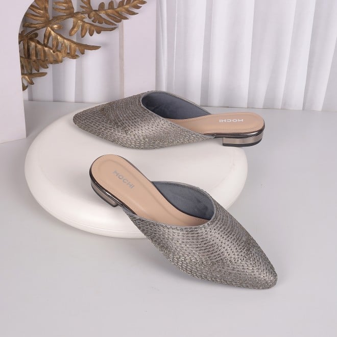 Mochi Women Gun-Metal Ethnic Slip Ons