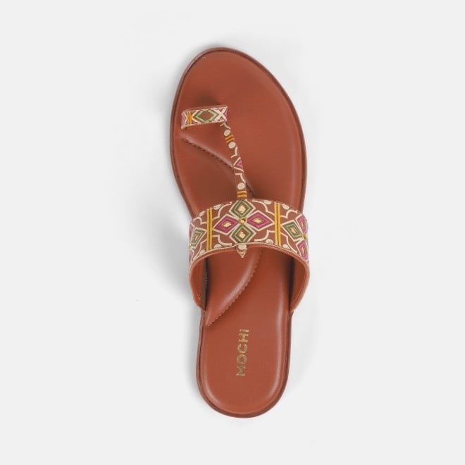 Mochi Women Tan Ethnic Slippers (SKU: 32-1214-23-36)
