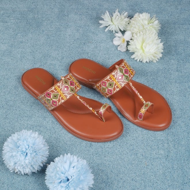 Mochi Women Tan Ethnic Slippers (SKU: 32-1214L-23-42)