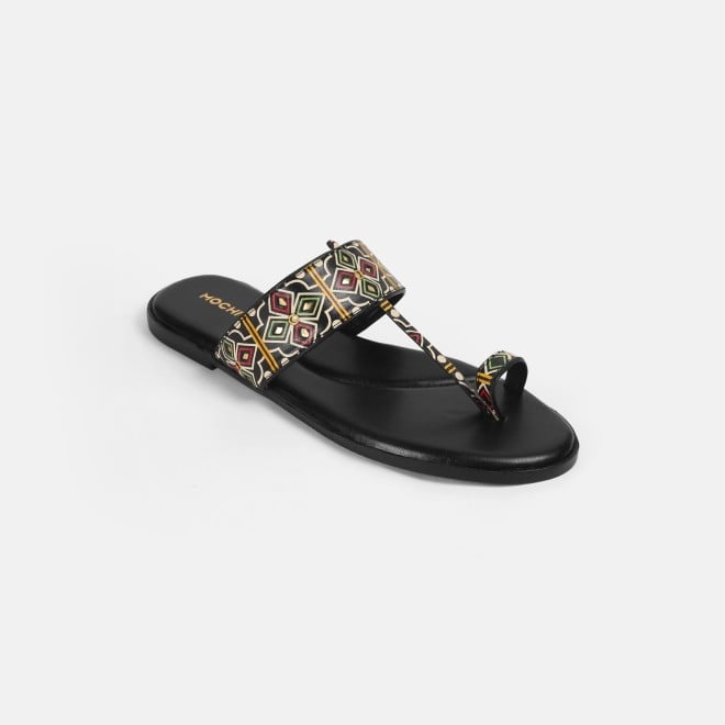 Mochi Women Black Ethnic Slippers