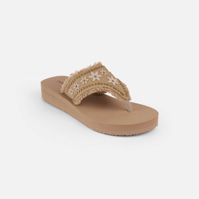 Mochi Women Beige Casual Slippers
