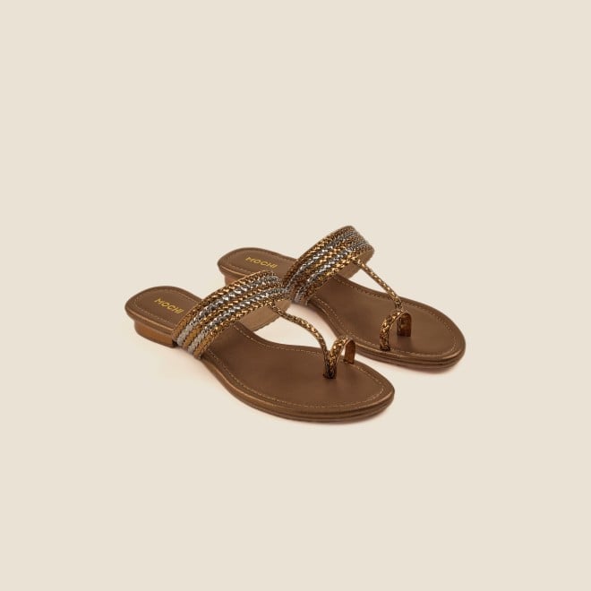 Mochi Women Antique-Gold Ethnic Slip Ons (SKU: 32-1422-28-36)