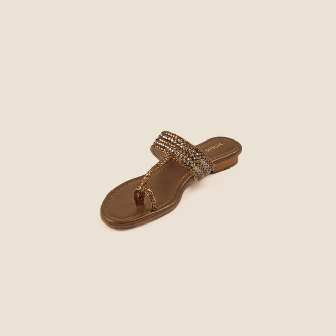 Mochi Women Antique-Gold Ethnic Slip Ons (SKU: 32-1422-28-36)