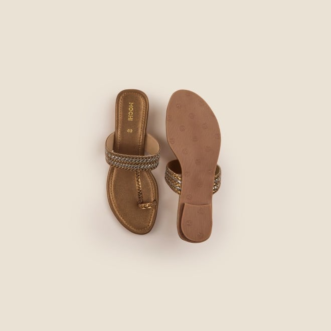 Mochi Women Antique-Gold Ethnic Slip Ons (SKU: 32-1422-28-36)