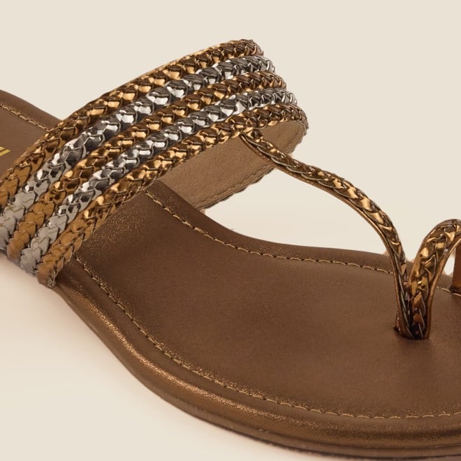 Mochi Women Antique-Gold Ethnic Slip Ons (SKU: 32-1422-28-36)