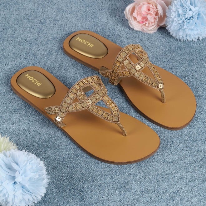 Mochi Women Gold Casual Slippers