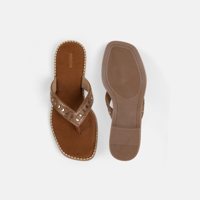 Mochi Women Tan Casual Slippers (SKU: 32-1485-23-36)