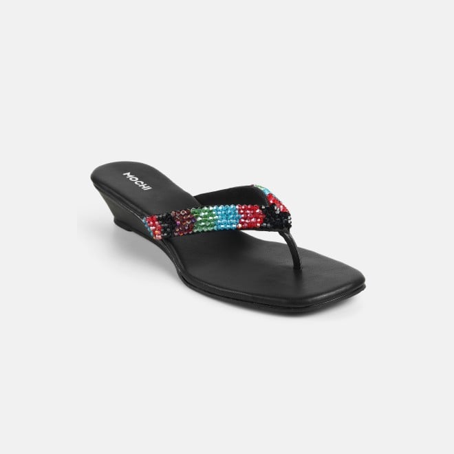 Mochi Women Black-multi Ethnic Slip Ons