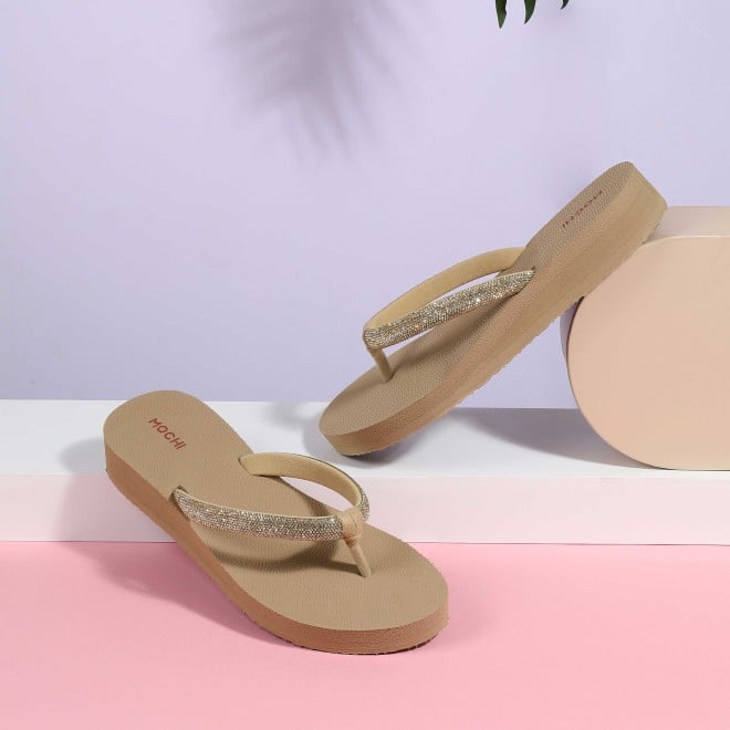 Mochi Women Beige Casual Slippers