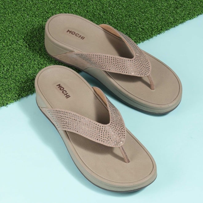 Mochi Women Beige Casual Slippers