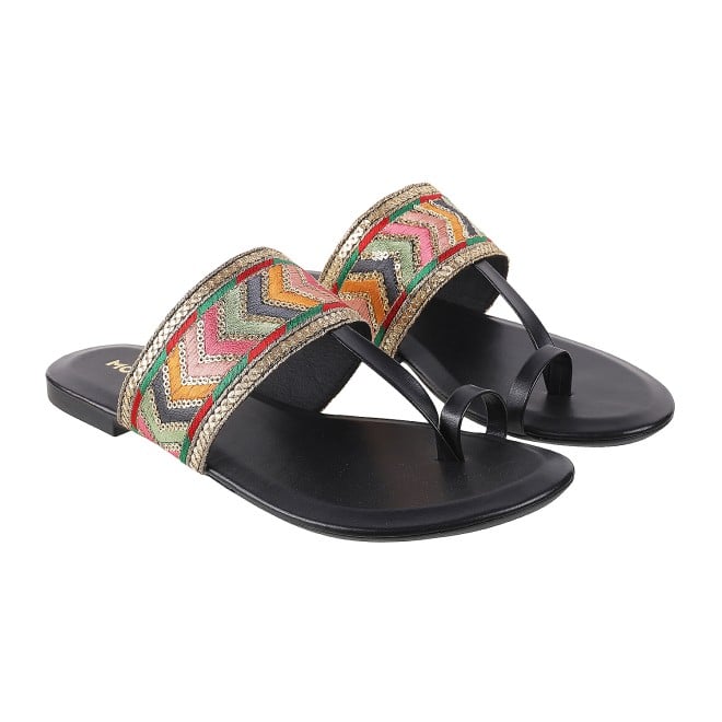 Mochi Women Black Ethnic Slip Ons