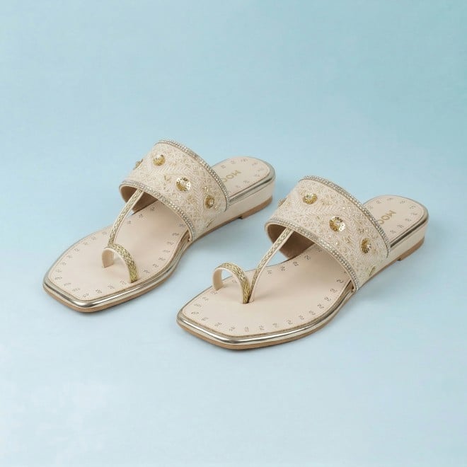 Mochi Women Beige Ethnic Slip Ons