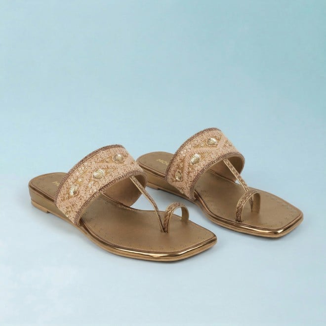 Mochi Women Antic-gold Ethnic Slip Ons