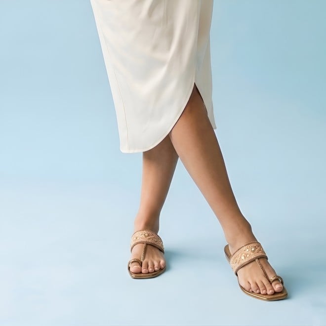 Mochi Women Antic-gold Ethnic Slip Ons (SKU: 32-1677-28-36)