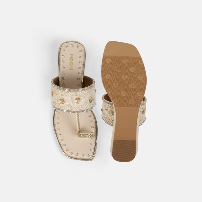 Mochi Women Beige Ethnic Slip Ons (SKU: 32-1677-20-36)