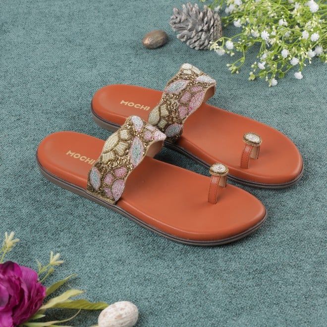 Mochi Women Tan Ethnic Slippers