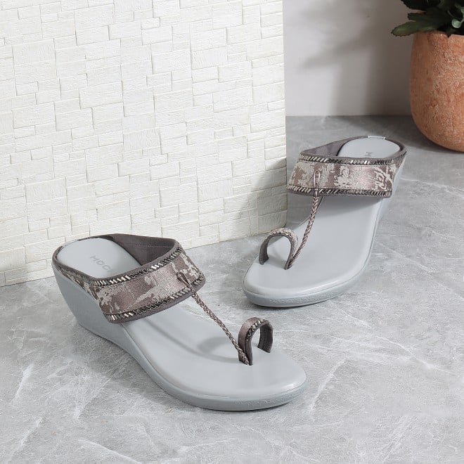 Mochi Women Grey Ethnic Slip Ons