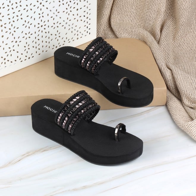 Mochi Women Black Ethnic Slip Ons