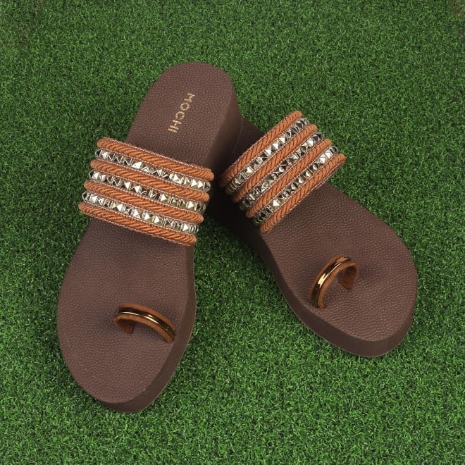 Mochi Women Tan Ethnic Slip Ons