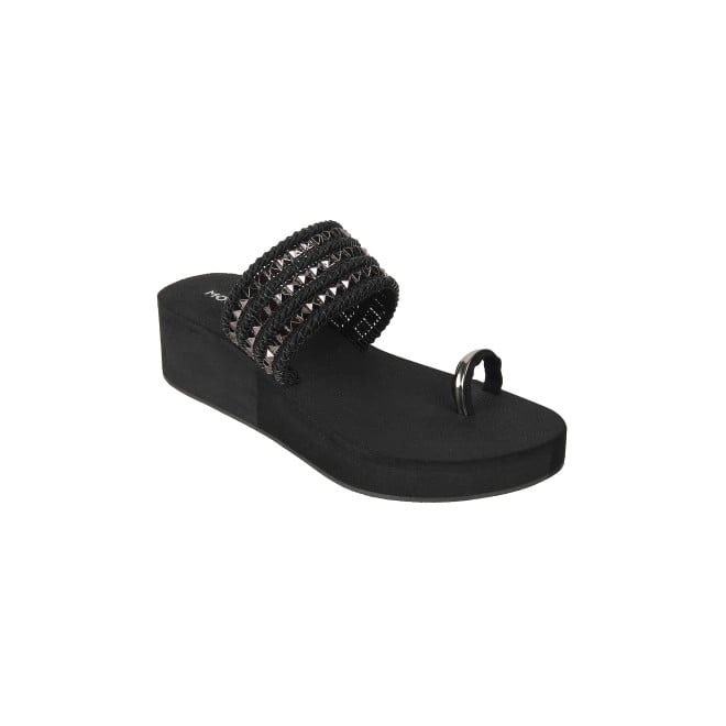 Mochi Women Black Ethnic Slip Ons