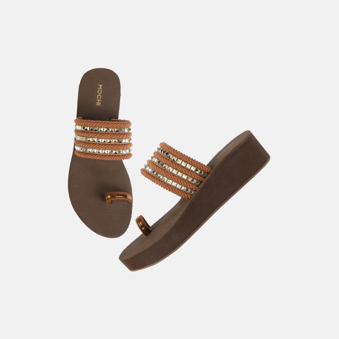 Mochi Women Tan Ethnic Slip Ons (SKU: 32-816-23-36)