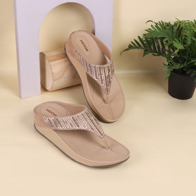 Mochi Women Beige Casual Slip-Ons