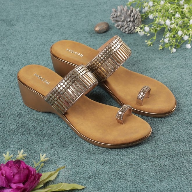 Mochi Women Antic-gold Ethnic Slip Ons