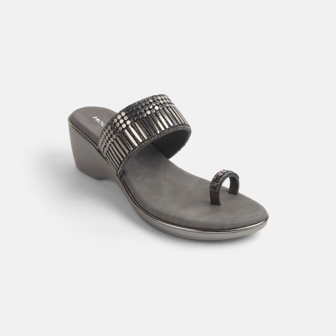 Mochi Women Gun-metal Ethnic Slip Ons