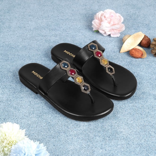 Mochi Women Black Ethnic Slippers