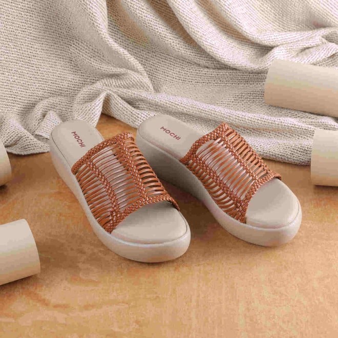 Mochi Women Tan Casual Mules