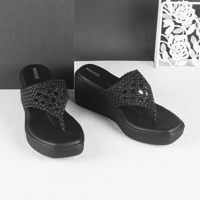 Mochi Women Black Ethnic Slip Ons