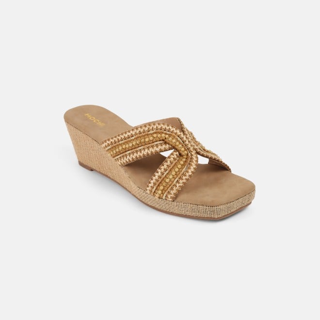 Mochi Women Beige Ethnic Slip Ons